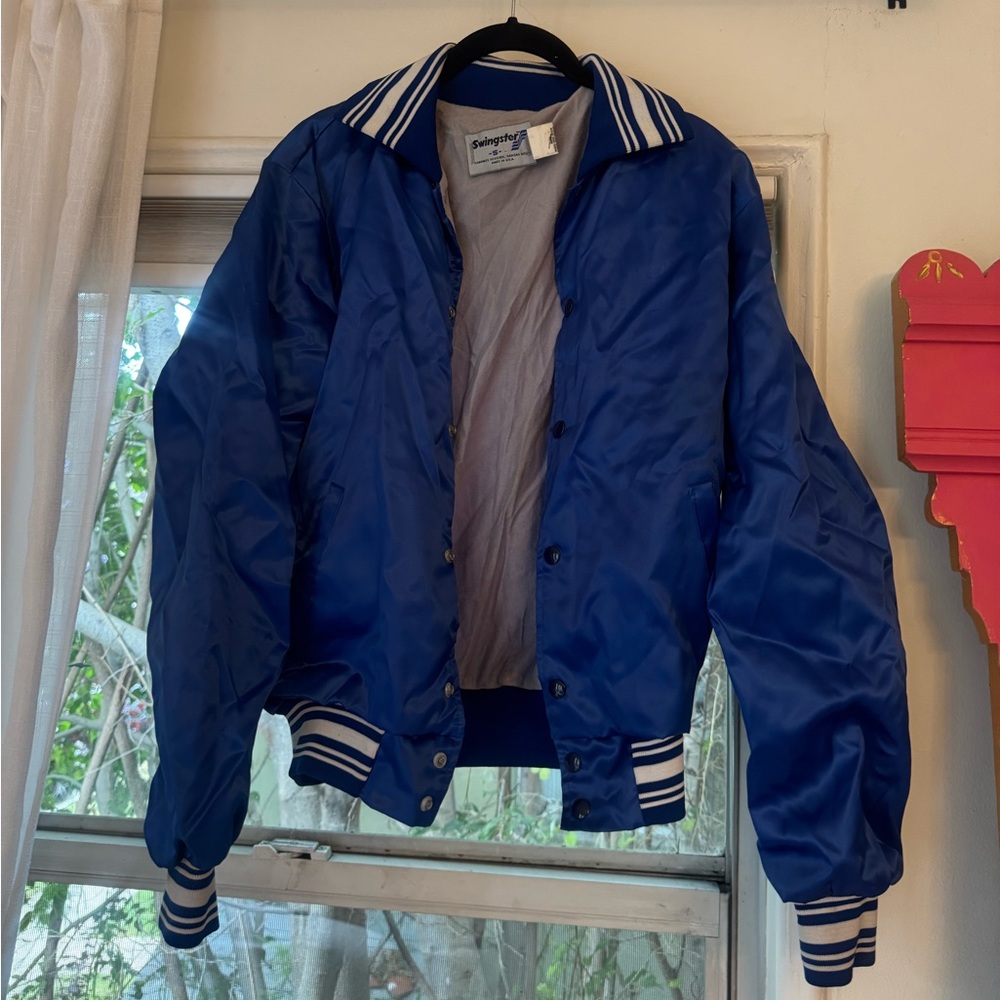 Vintage Blue Satin Racing Striped Athletic Varsity Bomber Windbreaker Jacket